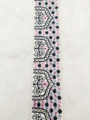 Beige Art Silk Fabric Trim Border with Floral Embroidery and Silver Indian Foil Work, Decorative Trimming, Crafting Lace
